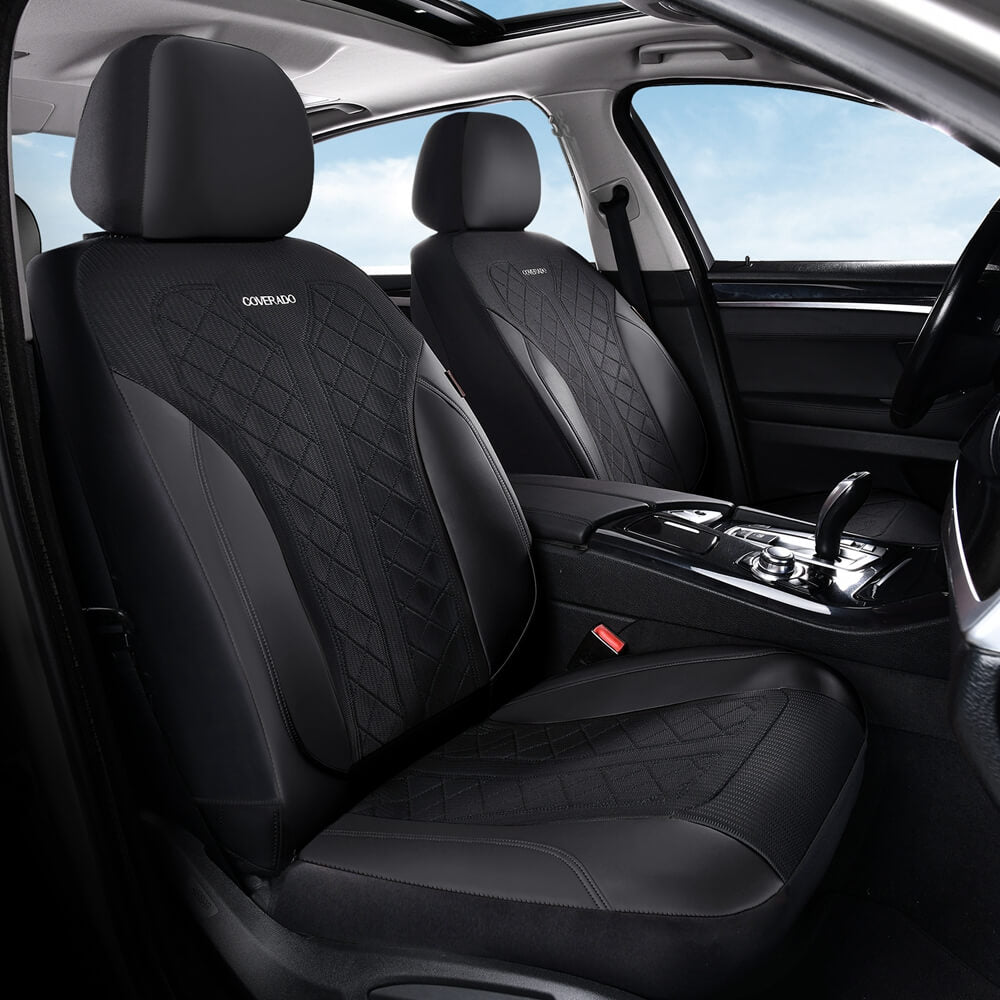 Coverado Front and Back Seat Covers for Cars PU Leather & Fabric Material Breathable Comfort Auto Seats Universal Fit