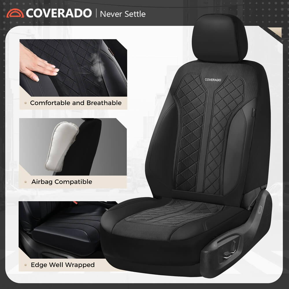 Coverado Front and Back Seat Covers for Cars PU Leather & Fabric Material Breathable Comfort Auto Seats Universal Fit