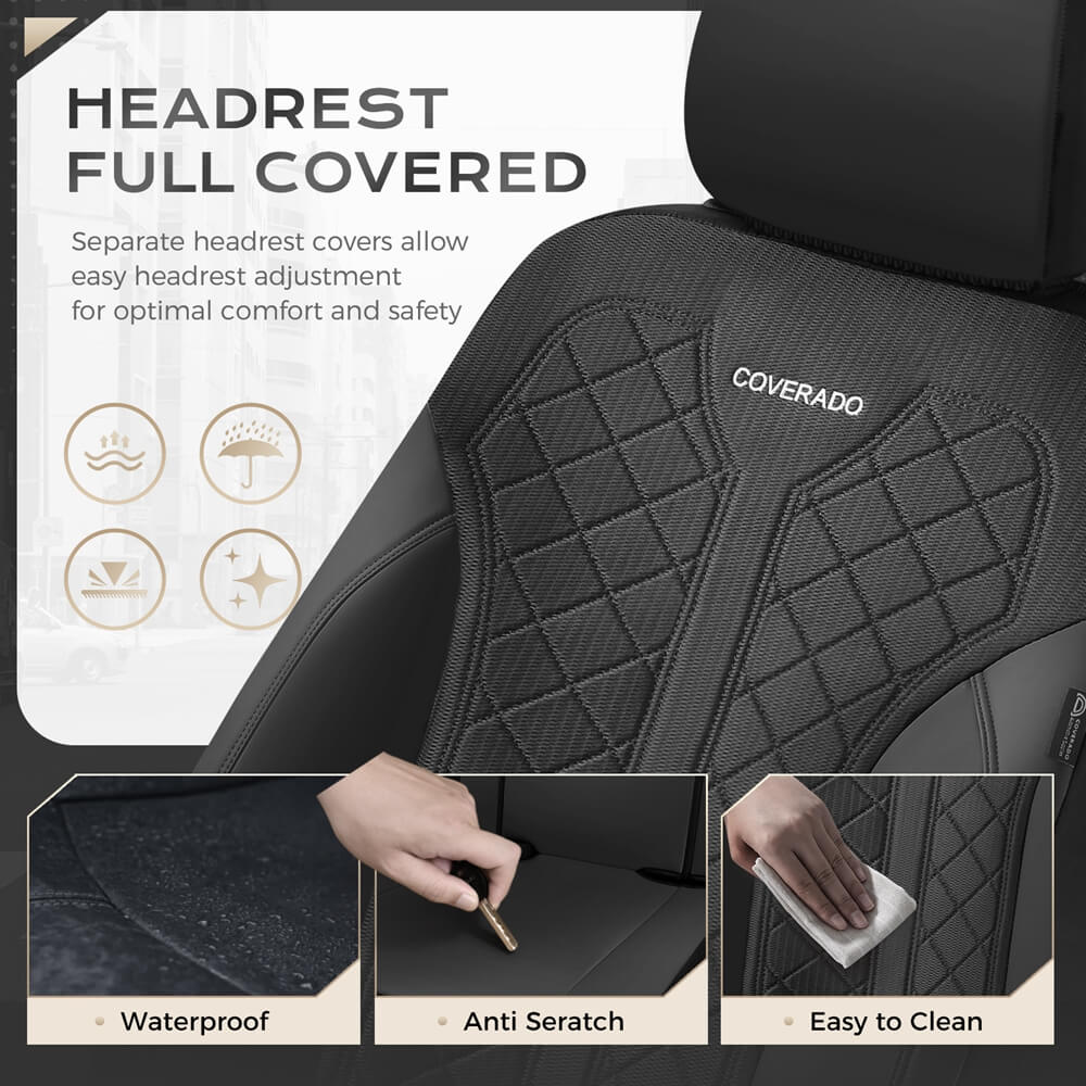 Coverado Front and Back Seat Covers for Cars PU Leather & Fabric Material Breathable Comfort Auto Seats Universal Fit