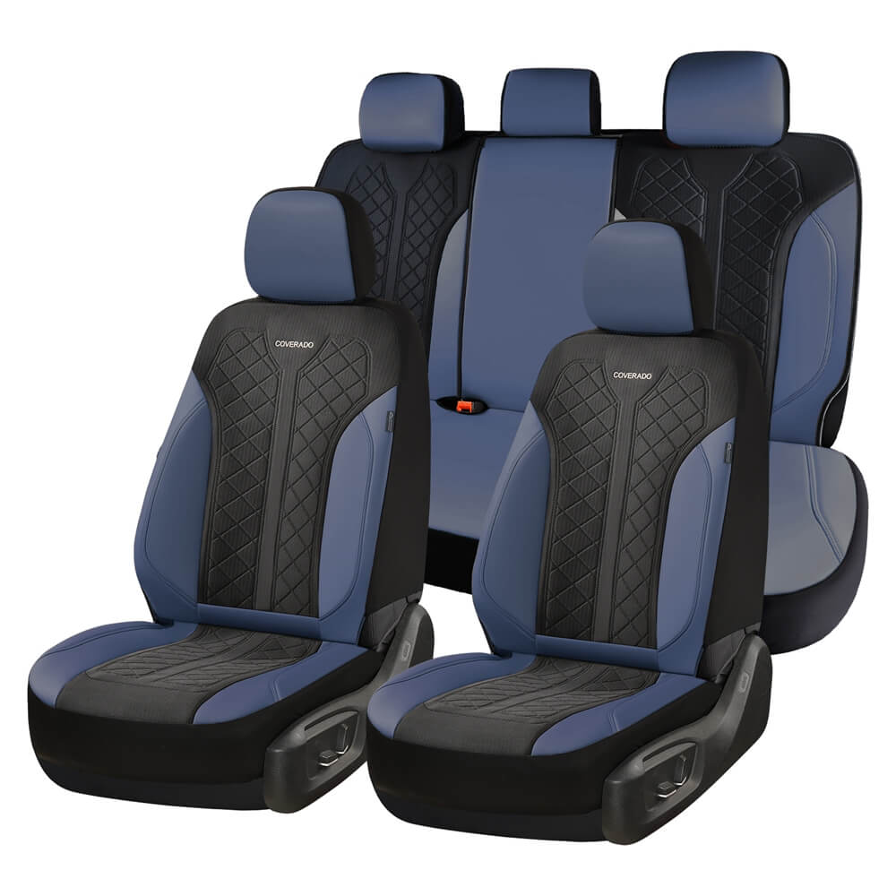 Coverado Front and Back Seat Covers for Cars PU Leather & Fabric Material Breathable Comfort Auto Seats Universal Fit