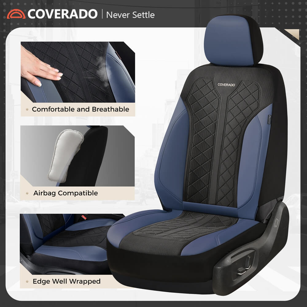 Coverado Front and Back Seat Covers for Cars PU Leather & Fabric Material Breathable Comfort Auto Seats Universal Fit