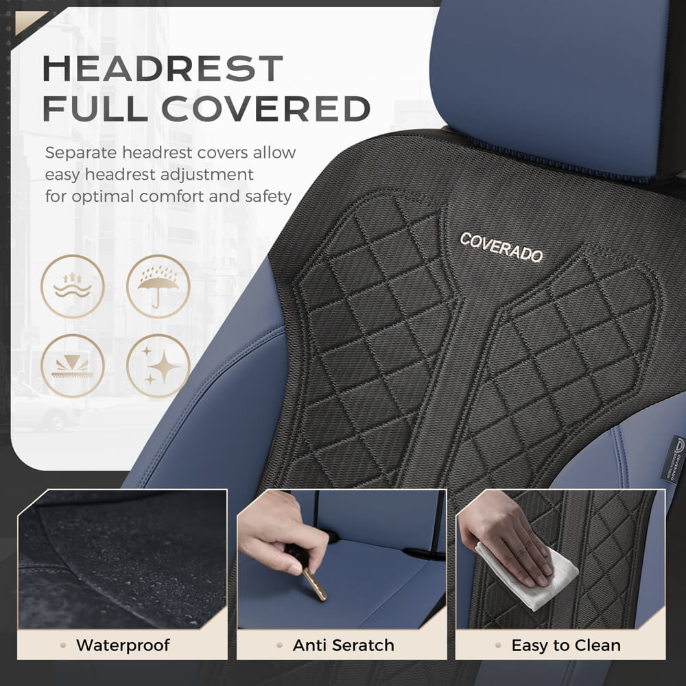 Coverado Front and Back Seat Covers for Cars PU Leather & Fabric Material Breathable Comfort Auto Seats Universal Fit