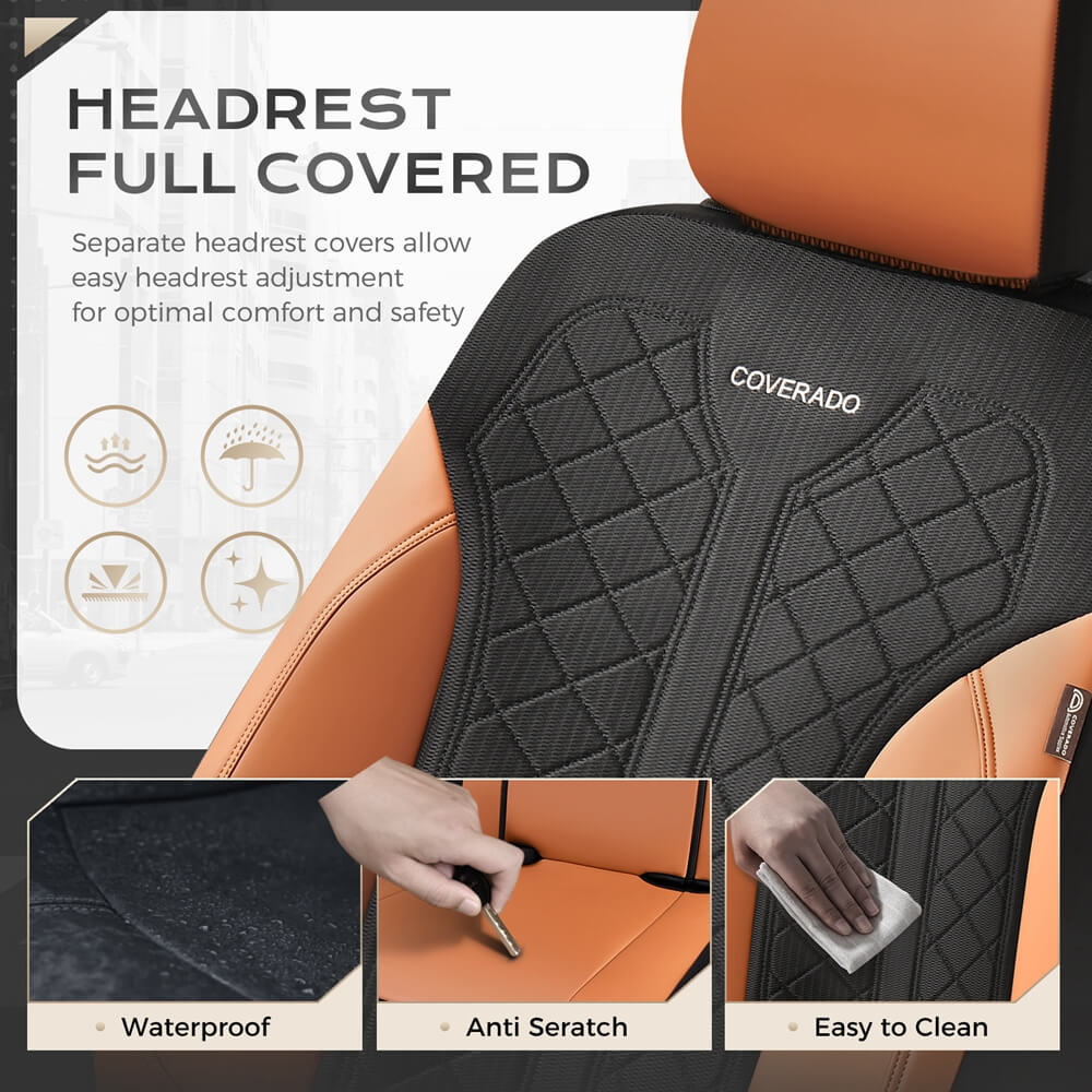 Coverado Front and Back Seat Covers for Cars PU Leather & Fabric Material Breathable Comfort Auto Seats Universal Fit