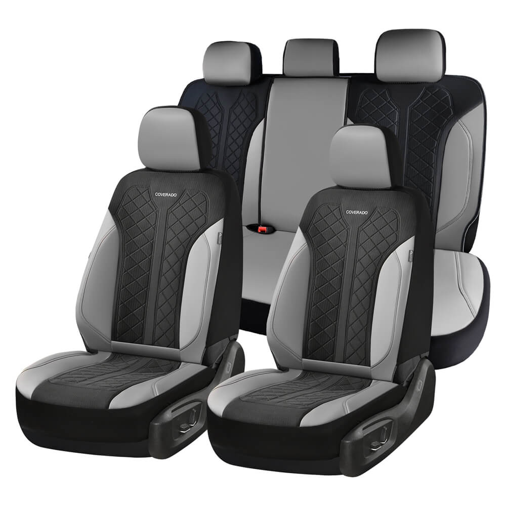 Coverado Front and Back Seat Covers for Cars PU Leather & Fabric Material Breathable Comfort Auto Seats Universal Fit