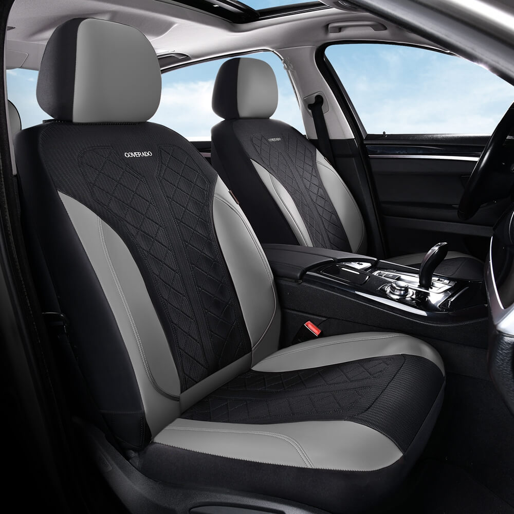 Coverado Front and Back Seat Covers for Cars PU Leather & Fabric Material Breathable Comfort Auto Seats Universal Fit