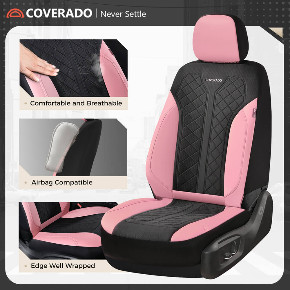 Coverado Front and Back Seat Covers for Cars PU Leather & Fabric Material Breathable Comfort Auto Seats Universal Fit