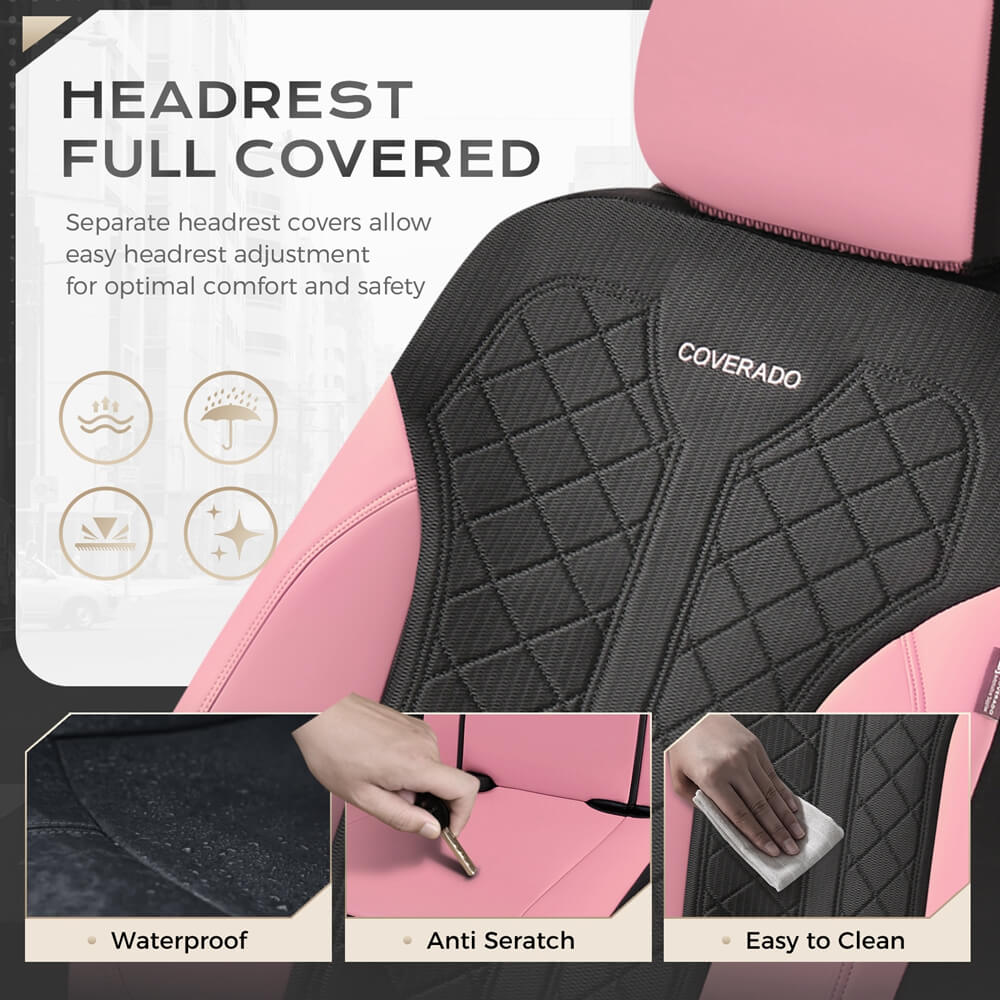 Coverado Front and Back Seat Covers for Cars PU Leather & Fabric Material Breathable Comfort Auto Seats Universal Fit