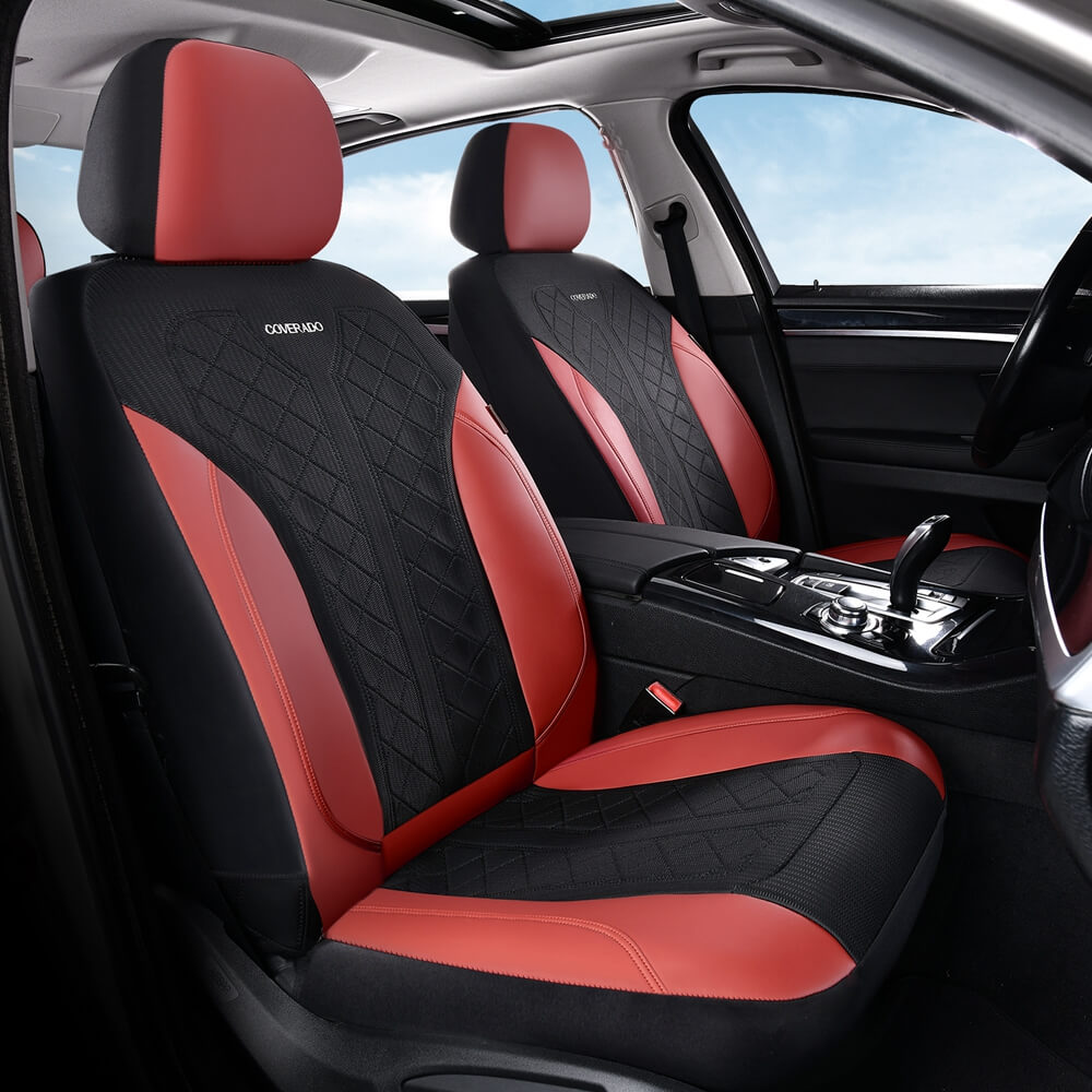 Coverado Front and Back Seat Covers for Cars PU Leather & Fabric Material Breathable Comfort Auto Seats Universal Fit