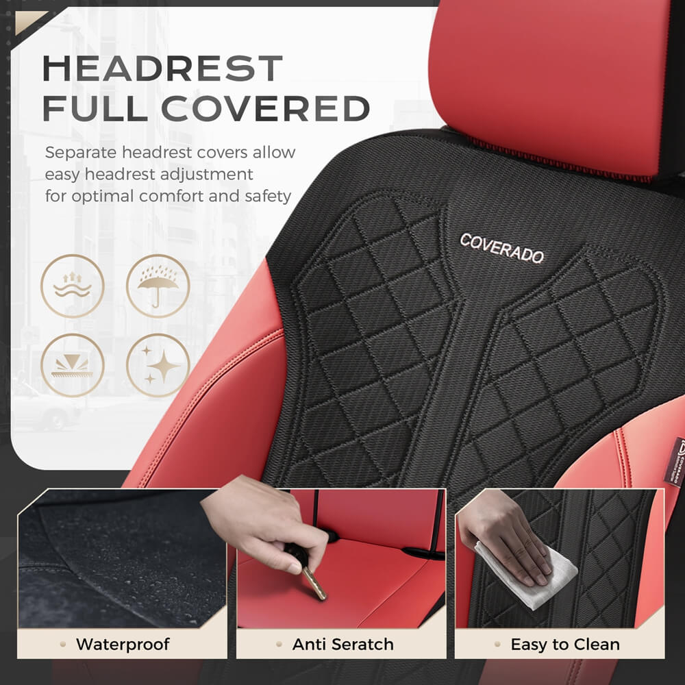 Coverado Front and Back Seat Covers for Cars PU Leather & Fabric Material Breathable Comfort Auto Seats Universal Fit
