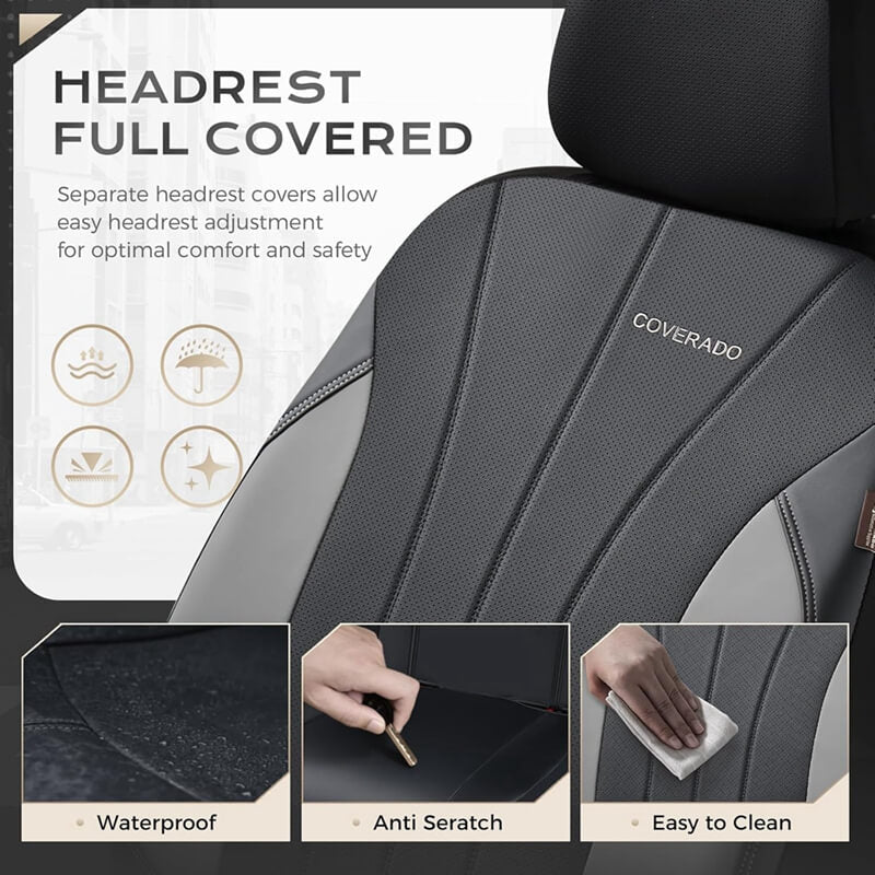 Coverado 2-Seat Car Front and Passenger Seat Covers Faux Leather & Fabric Water Resistant Auto Seat Protectors Universal Fit