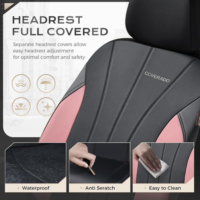 Coverado 2-Seat Car Front and Passenger Seat Covers Faux Leather & Fabric Water Resistant Auto Seat Protectors Universal Fit