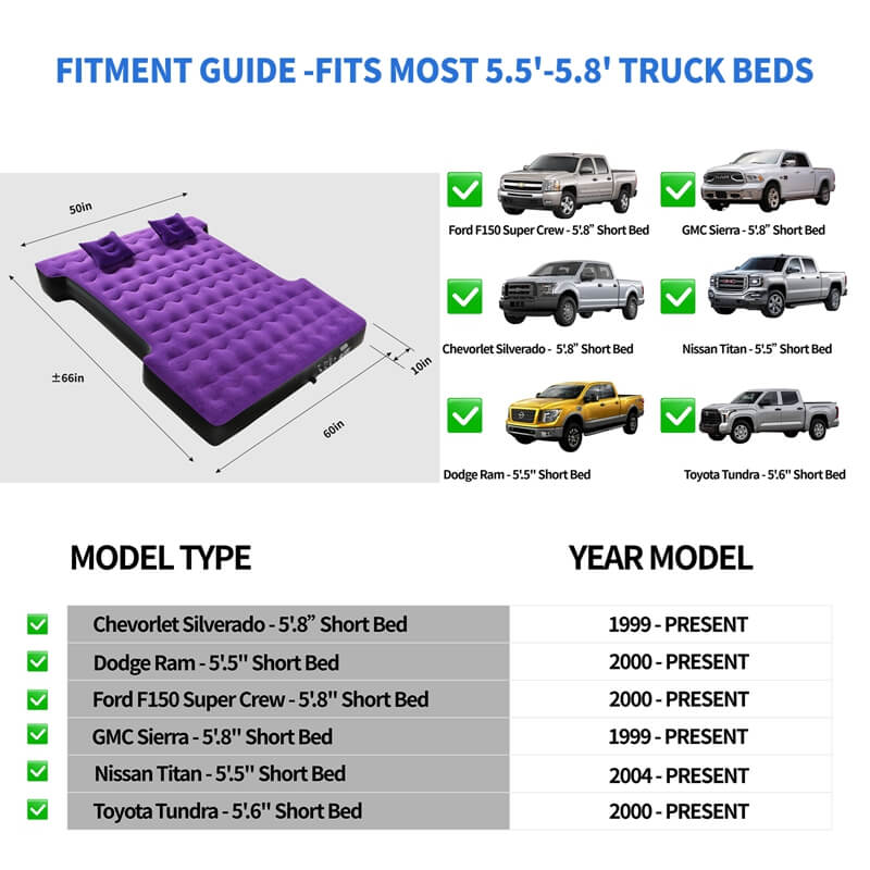 Coverado Truck Bed Air Mattress for 5.5-5.8ft Short Truck Beds, Thickened Flocking Surface Leakproof Truck Bed Mattress with Pump, Pillows, Portable Truck Air Mattress for Truck Tent Camping