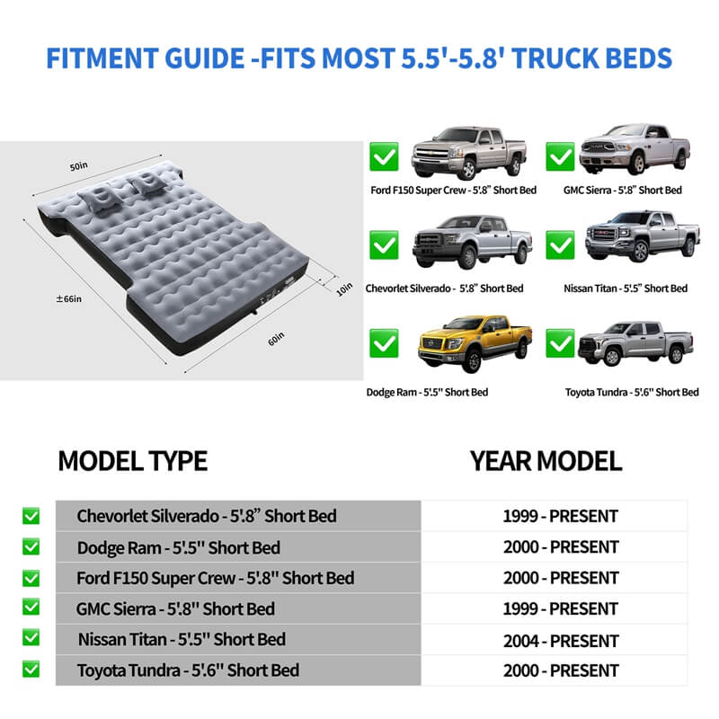 Coverado Truck Bed Air Mattress for 5.5-5.8ft Short Truck Beds, Thickened Flocking Surface Leakproof Truck Bed Mattress with Pump, Pillows, Portable Truck Air Mattress for Truck Tent Camping