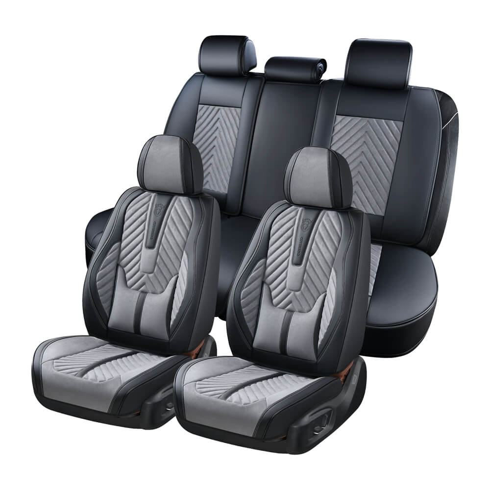 Coverado Full Set 5 Seats Suede & Leather Car Seat Covers Universal Fit Front and Rear Auto Seat Protectors for Most Sedans SUV Pick-up Truck