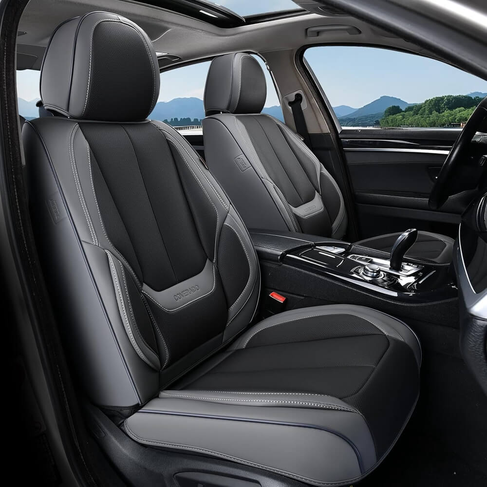 Coverado Front and Back Car Seat Covers Set Premium Faux Leather Water Resistant Lumbar Support Driver Passenger Rear Auto Seat Protectors Universal Fit