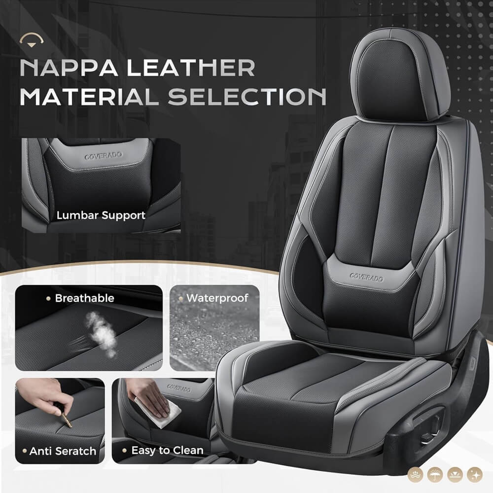 Coverado Front and Back Car Seat Covers Set Premium Faux Leather Water Resistant Lumbar Support Driver Passenger Rear Auto Seat Protectors Universal Fit