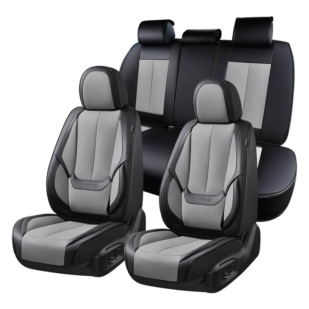 Coverado Front and Back Car Seat Covers Set Premium Faux Leather Water Resistant Lumbar Support Driver Passenger Rear Auto Seat Protectors Universal Fit