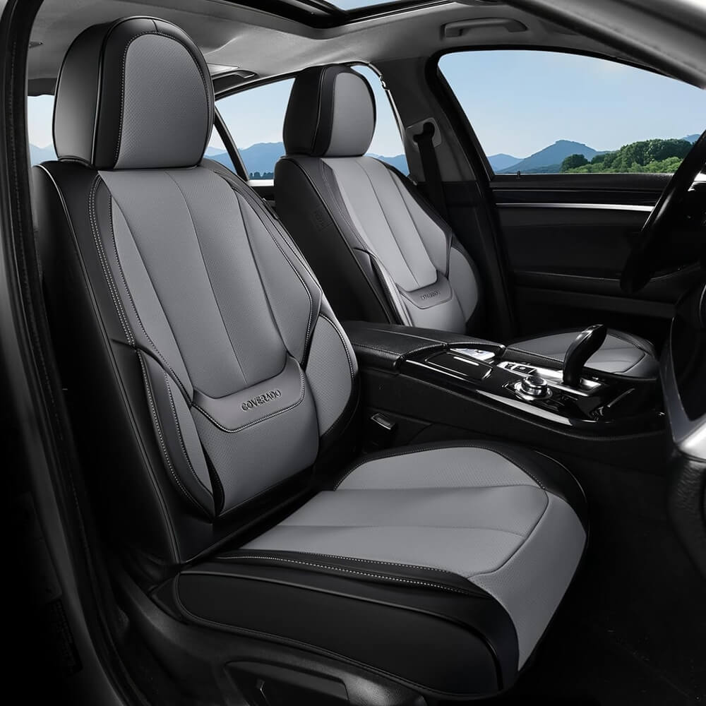 Coverado Front and Back Car Seat Covers Set Premium Faux Leather Water Resistant Lumbar Support Driver Passenger Rear Auto Seat Protectors Universal Fit