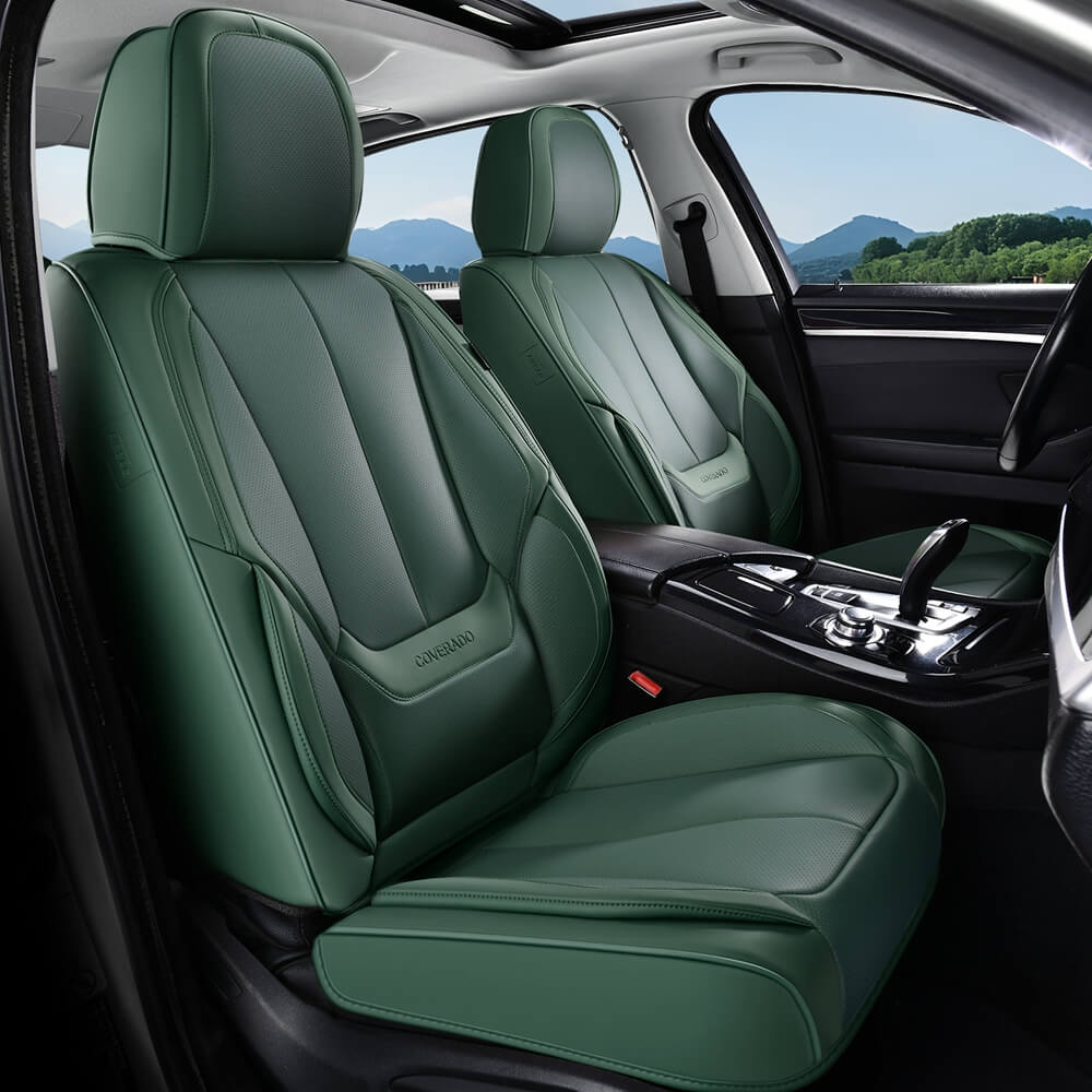 Coverado Front and Back Car Seat Covers Set Premium Faux Leather Water Resistant Lumbar Support Driver Passenger Rear Auto Seat Protectors Universal Fit