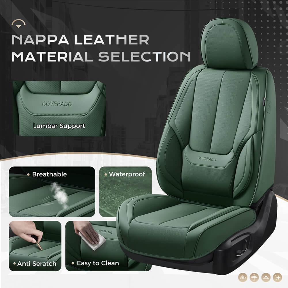 Coverado Front and Back Car Seat Covers Set Premium Faux Leather Water Resistant Lumbar Support Driver Passenger Rear Auto Seat Protectors Universal Fit