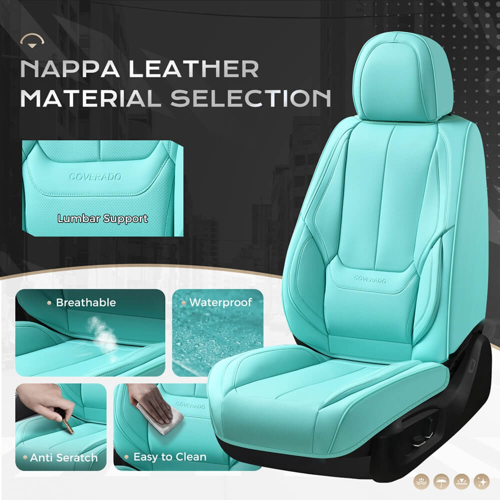 Coverado Front and Back Car Seat Covers Set Premium Faux Leather Water Resistant Lumbar Support Driver Passenger Rear Auto Seat Protectors Universal Fit