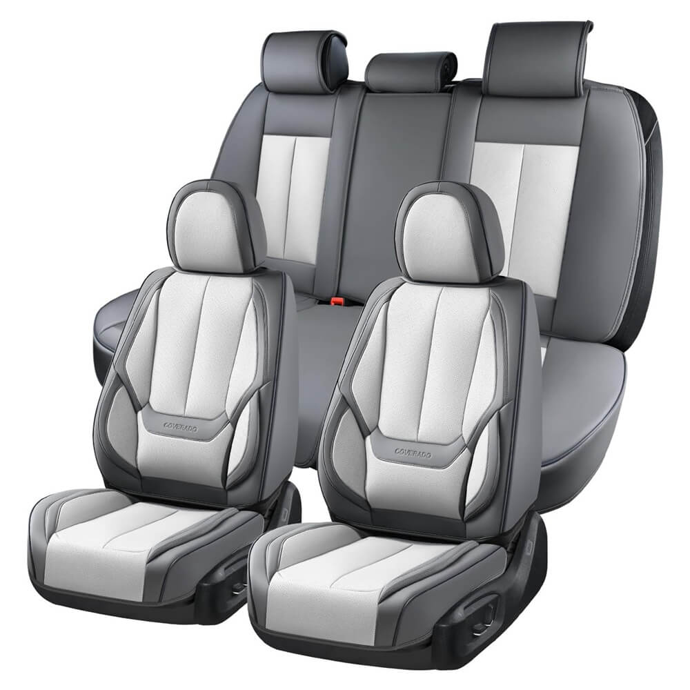 Coverado Front and Back Car Seat Covers Set Premium Faux Leather Water Resistant Lumbar Support Driver Passenger Rear Auto Seat Protectors Universal Fit