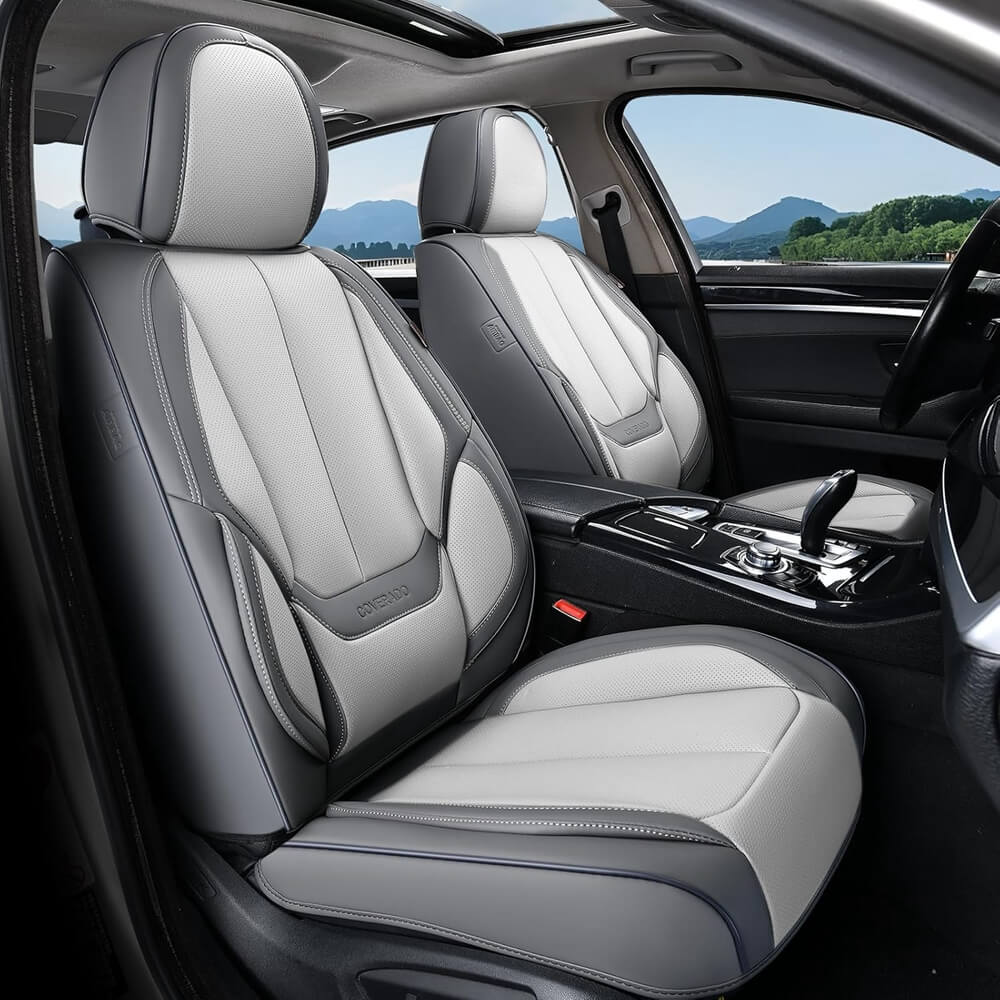 Coverado Front and Back Car Seat Covers Set Premium Faux Leather Water Resistant Lumbar Support Driver Passenger Rear Auto Seat Protectors Universal Fit