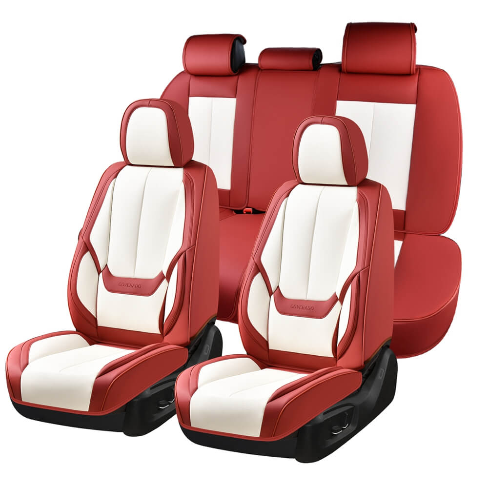 Coverado Front and Back Car Seat Covers Set Premium Faux Leather Water Resistant Lumbar Support Driver Passenger Rear Auto Seat Protectors Universal Fit