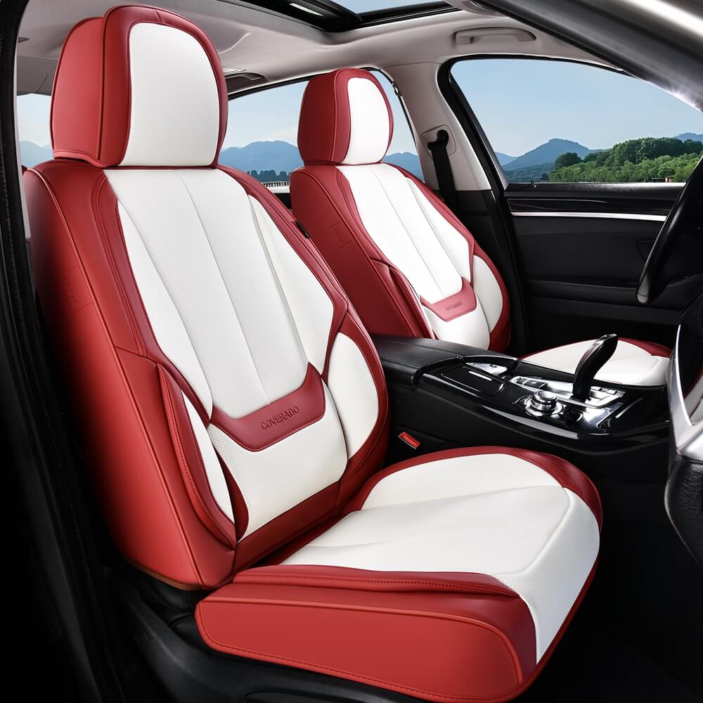 Coverado Front and Back Car Seat Covers Set Premium Faux Leather Water Resistant Lumbar Support Driver Passenger Rear Auto Seat Protectors Universal Fit