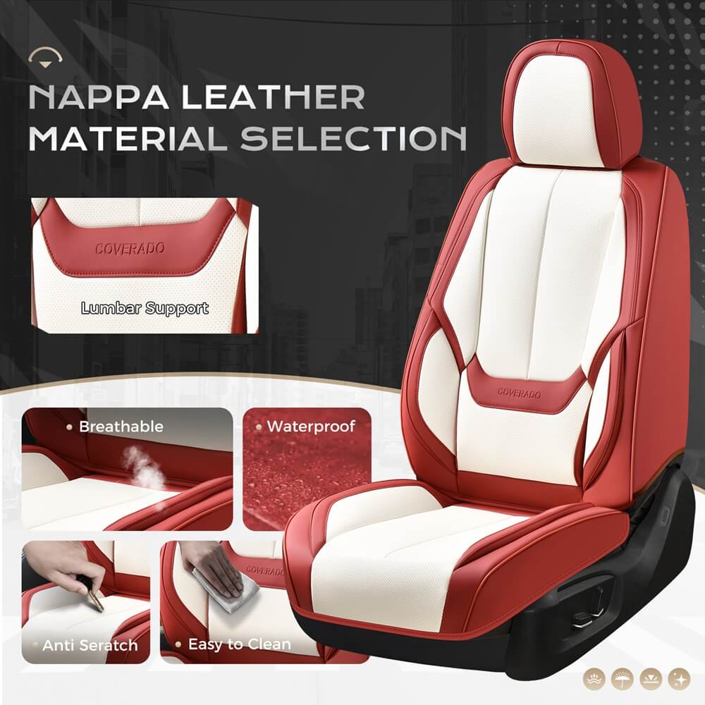 Coverado Front and Back Car Seat Covers Set Premium Faux Leather Water Resistant Lumbar Support Driver Passenger Rear Auto Seat Protectors Universal Fit