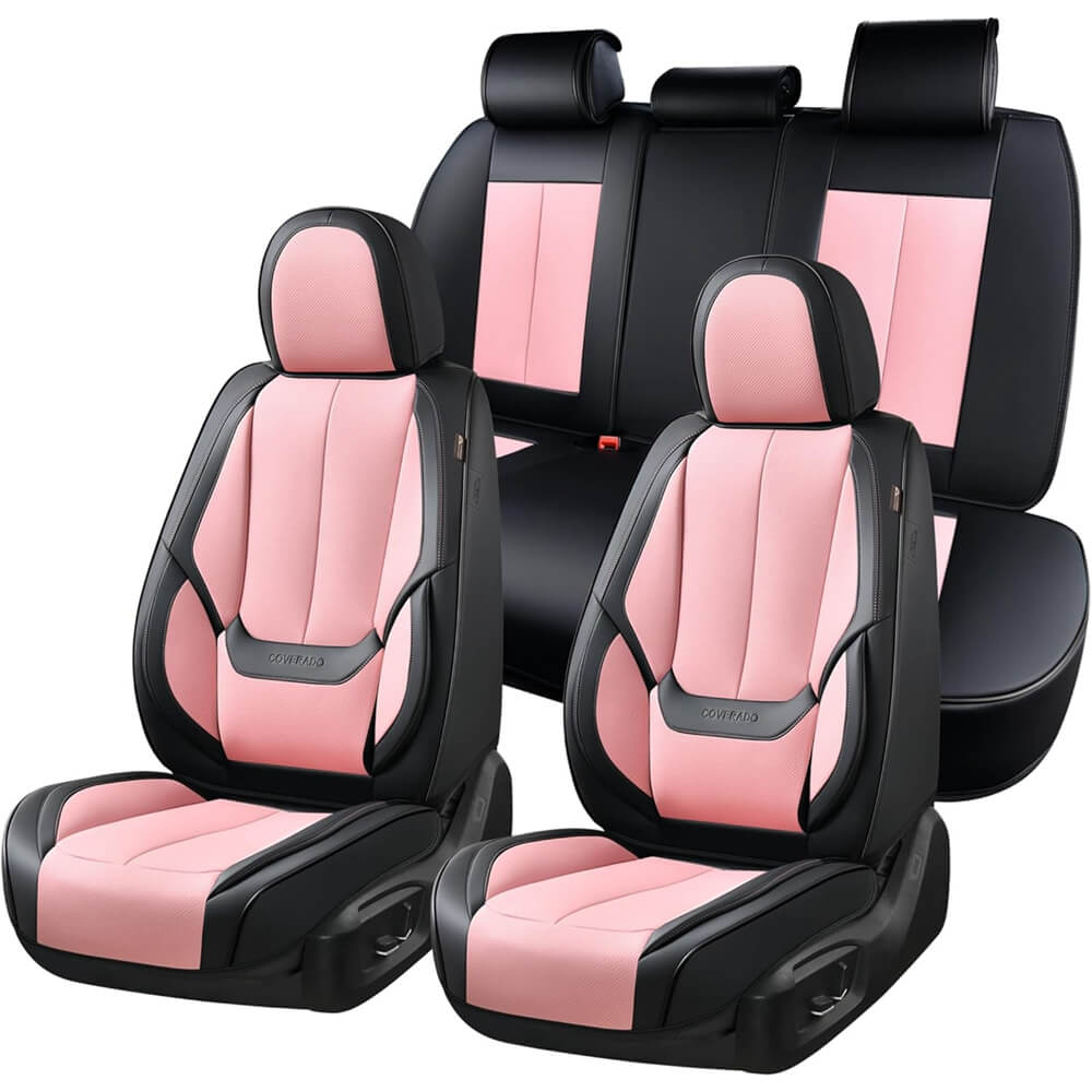 Coverado Front and Back Car Seat Covers Set Premium Faux Leather Water Resistant Lumbar Support Driver Passenger Rear Auto Seat Protectors Universal Fit