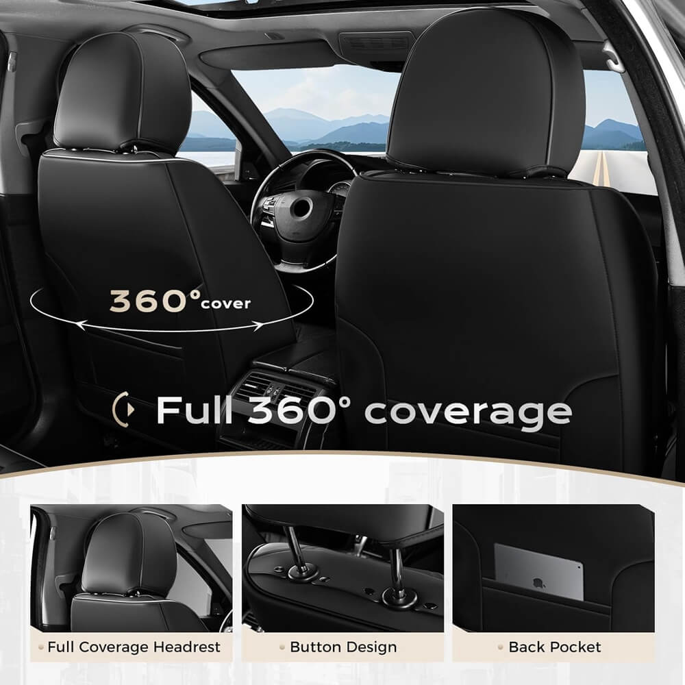 Coverado Front and Back Car Seat Covers Set Premium Faux Leather Water Resistant Lumbar Support Driver Passenger Rear Auto Seat Protectors Universal Fit