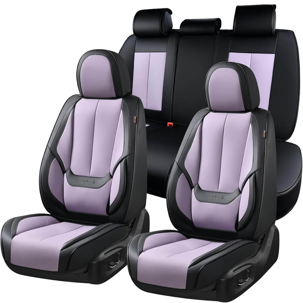 Coverado Front and Back Car Seat Covers Set Premium Faux Leather Water Resistant Lumbar Support Driver Passenger Rear Auto Seat Protectors Universal Fit