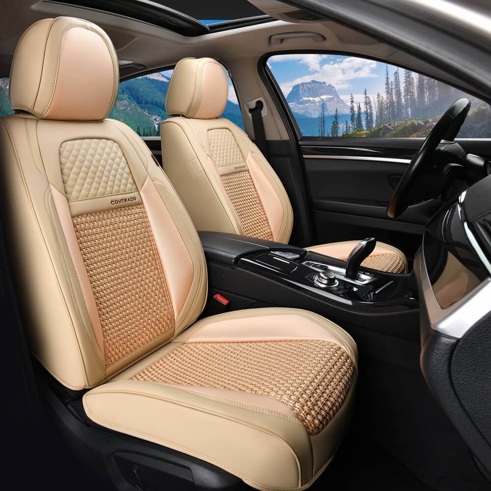 Coverado Front and Back Seat Covers Full Set 5 Seats Faux Leather & Woven Fabric Breathable Universal Fit