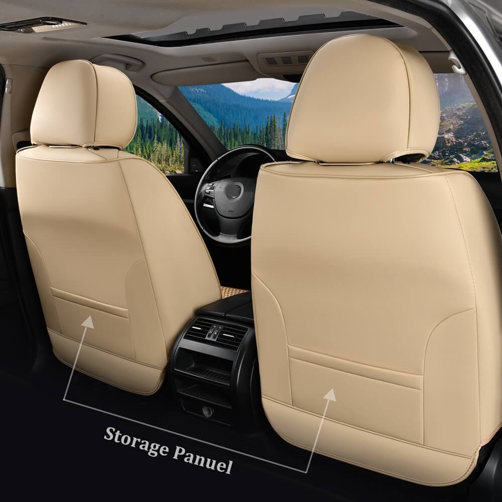 Coverado Front and Back Seat Covers Full Set 5 Seats Faux Leather & Woven Fabric Breathable Universal Fit