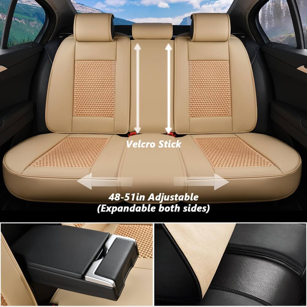 Coverado Front and Back Seat Covers Full Set 5 Seats Faux Leather & Woven Fabric Breathable Universal Fit