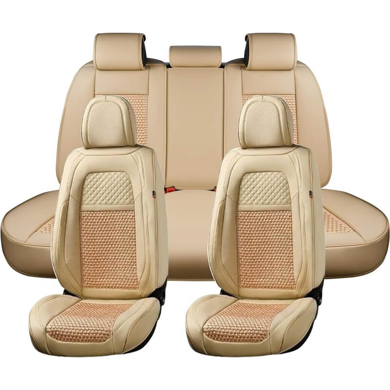 Coverado Front and Back Seat Covers Full Set 5 Seats Faux Leather & Woven Fabric Breathable Universal Fit