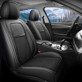 Coverado Front and Back Seat Covers  5 Seats Faux Leather & Woven Fabric Full Set Breathable Universal Fit