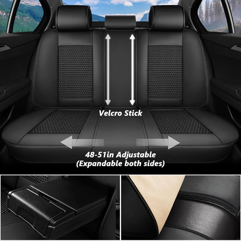 Coverado Front and Back Seat Covers Full Set 5 Seats Faux Leather & Woven Fabric Breathable Universal Fit