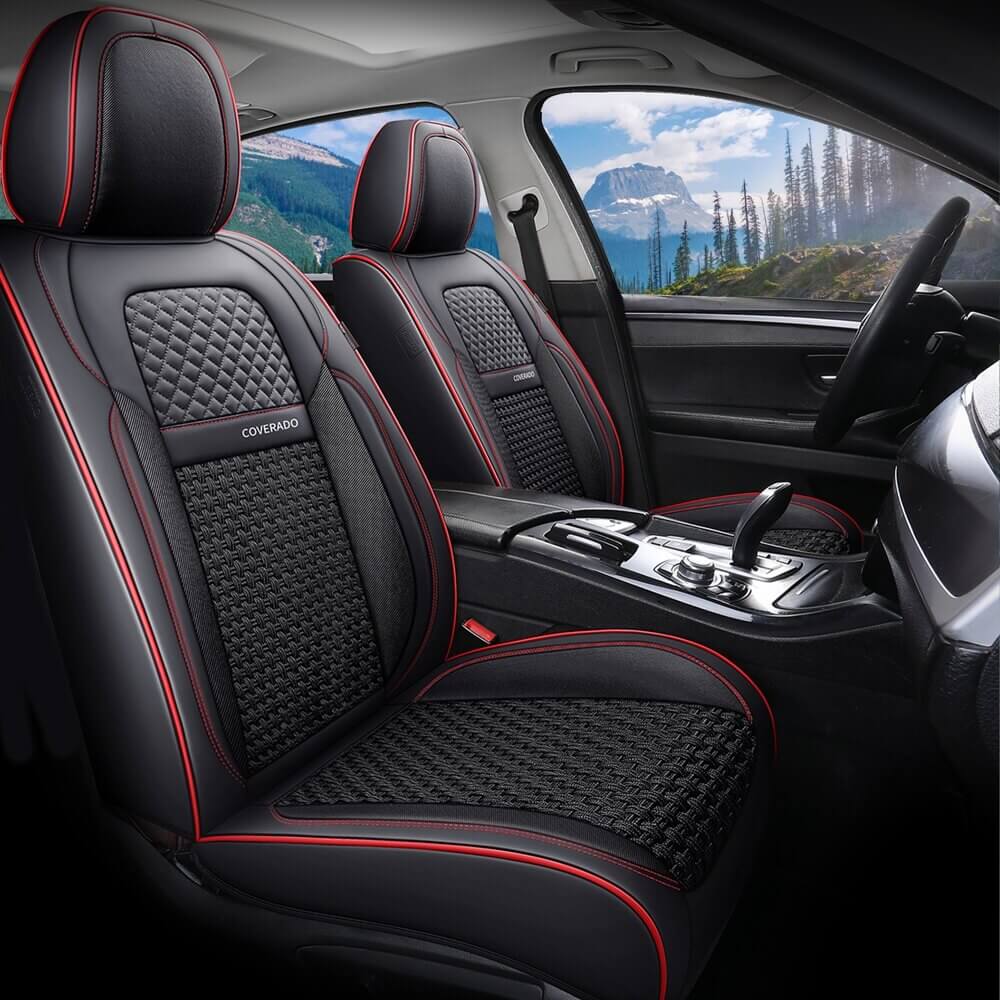 Coverado Front and Back Seat Covers Full Set 5 Seats Faux Leather & Woven Fabric Breathable Universal Fit