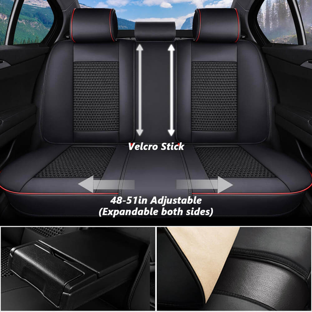 Coverado Front and Back Seat Covers Full Set 5 Seats Faux Leather & Woven Fabric Breathable Universal Fit