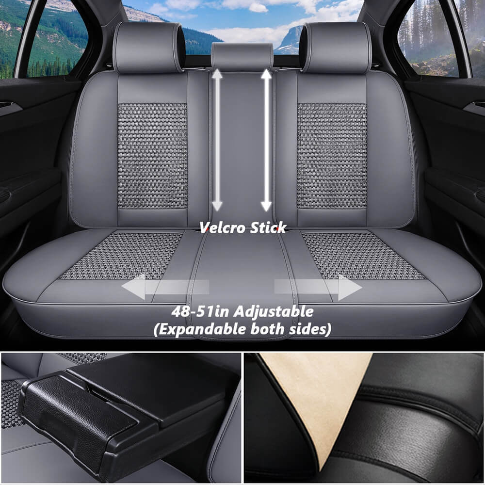 Coverado Front and Back Seat Covers Full Set 5 Seats Faux Leather & Woven Fabric Breathable Universal Fit