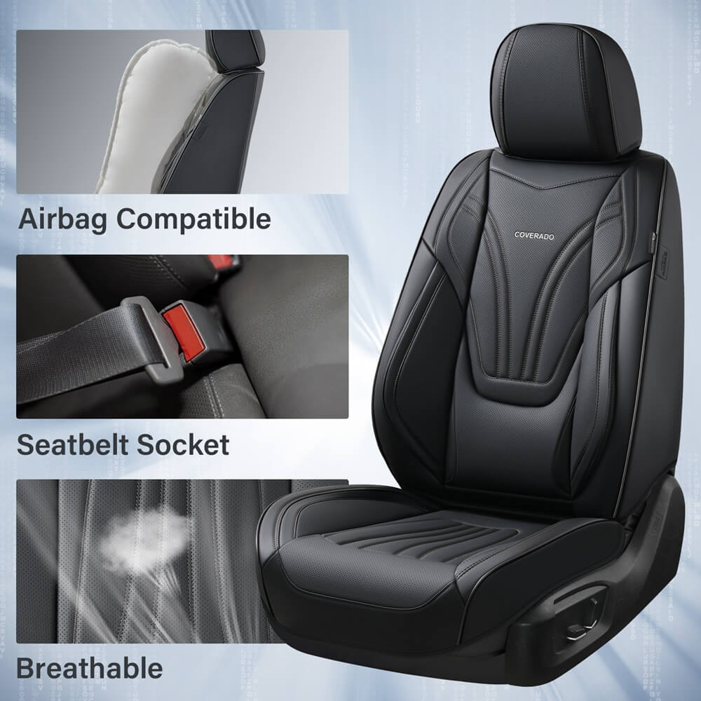 Coverado Leather 5 Seats Car Seat Covers with Lumbar Support Breathable Front and Back Full Set Universal Fit