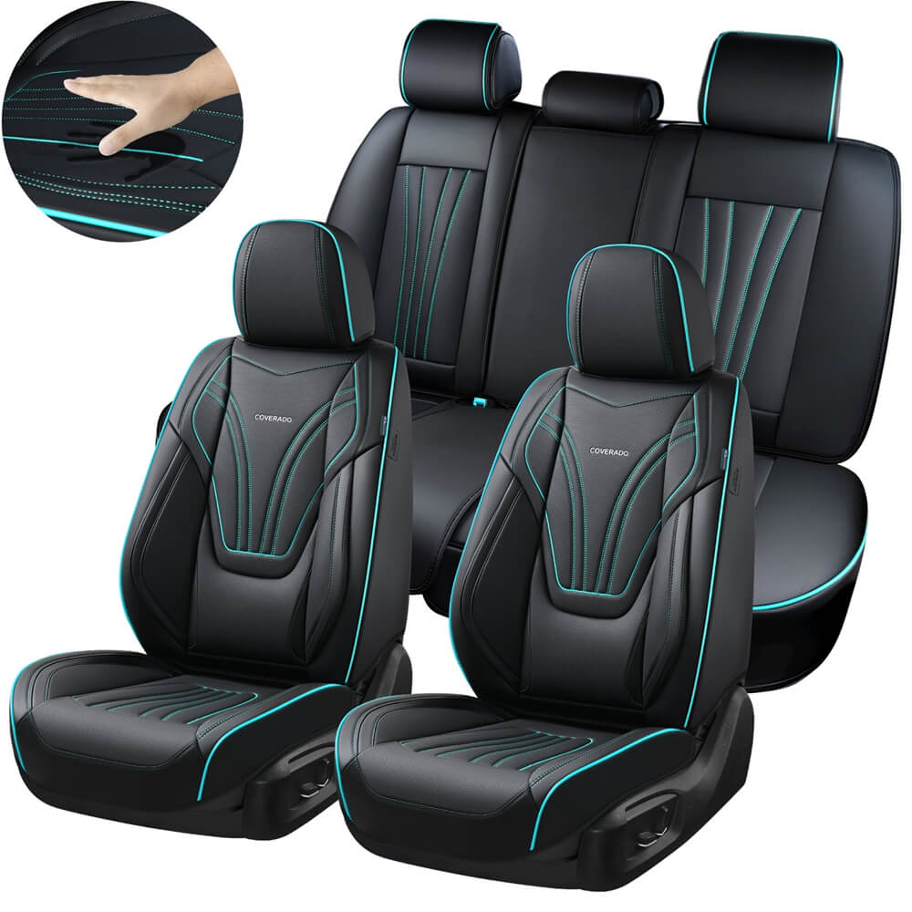 Coverado Leather 5 Seats Car Seat Covers with Lumbar Support Breathable Front and Back Full Set Universal Fit