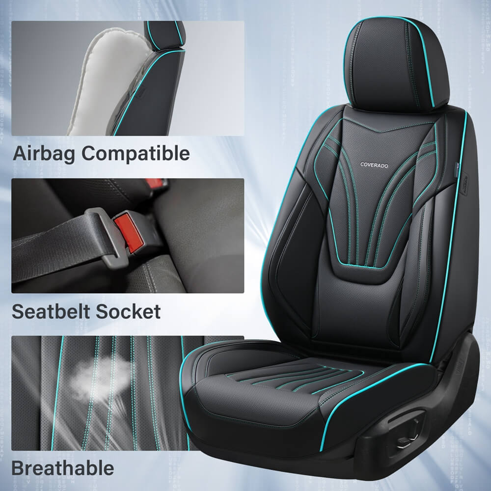 Coverado Leather 5 Seats Car Seat Covers with Lumbar Support Breathable Front and Back Full Set Universal Fit