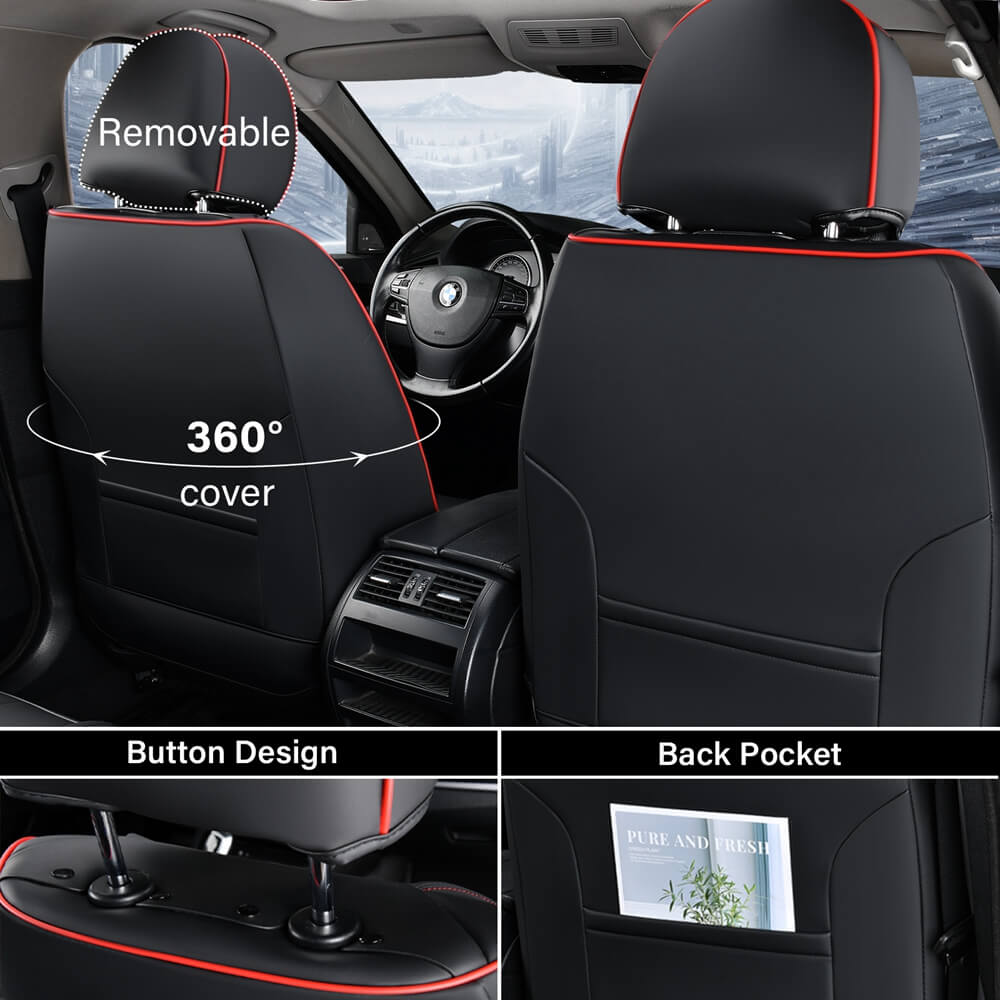 Coverado Leather 5 Seats Car Seat Covers with Lumbar Support Breathable Front and Back Full Set Universal Fit