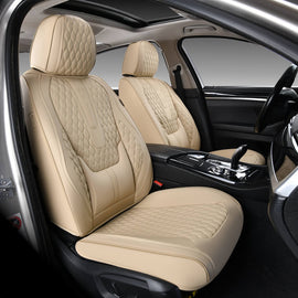 Coverado Beige Car Seat Covers for Driver and Passenger Leatherette Seat Protectors in Tan Color Comfortable Durable Auto Car Interior Covers Universal Fit