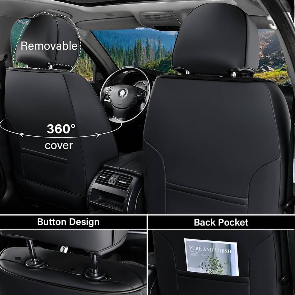 Coverado 5 Seats Full Set Front Rear Seat Covers Faux Leather Stylish Breathable Auto Seat Protectors Universal Fit