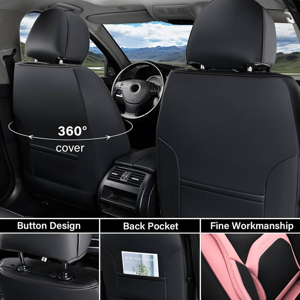 Coverado 5 Seats Full Set Auto Seat Covers with Lumbar Support Premium Leather Seat Covers Protector for Cars Universal Fit
