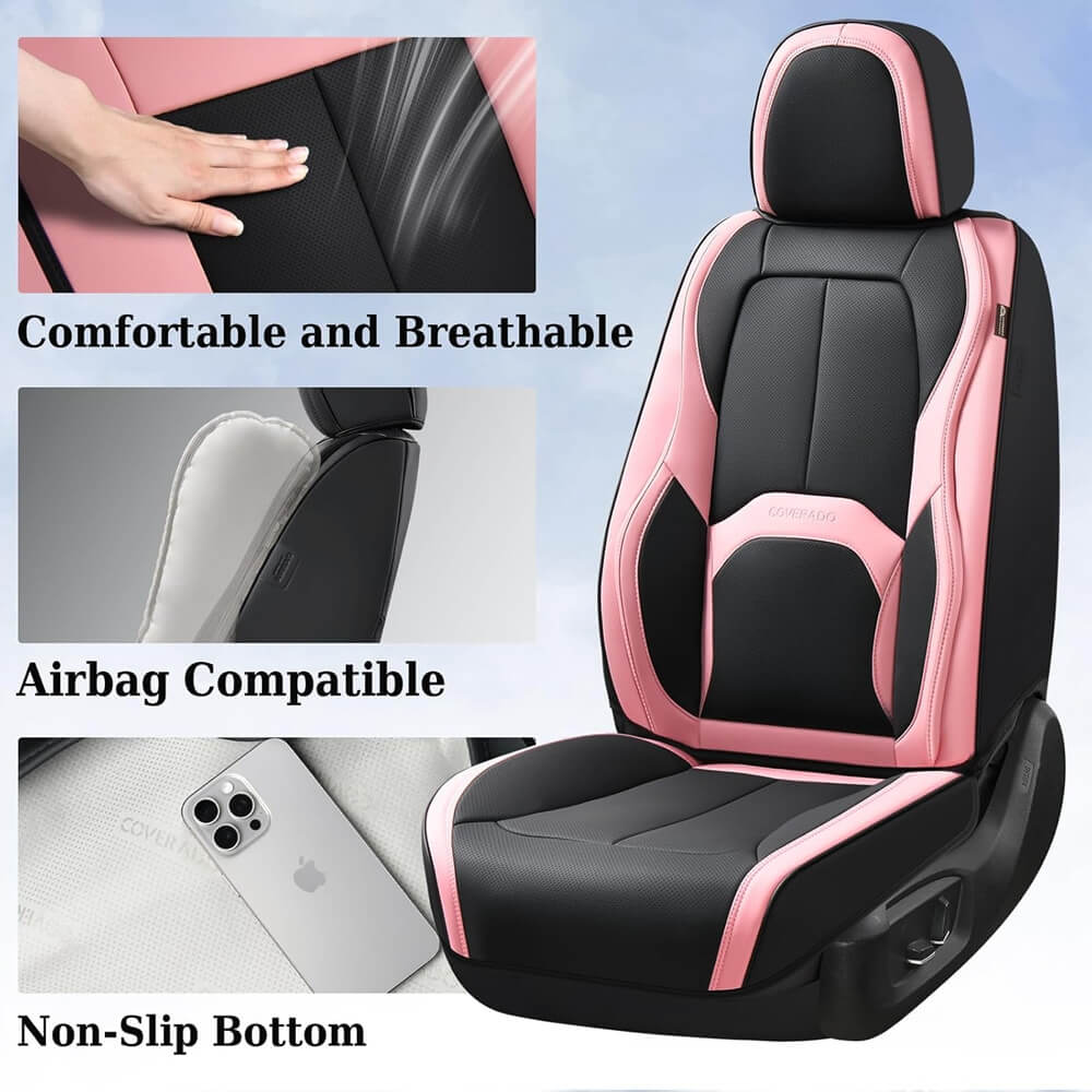 Coverado 5 Seats Full Set Auto Seat Covers with Lumbar Support Premium Leather Seat Covers Protector for Cars Universal Fit